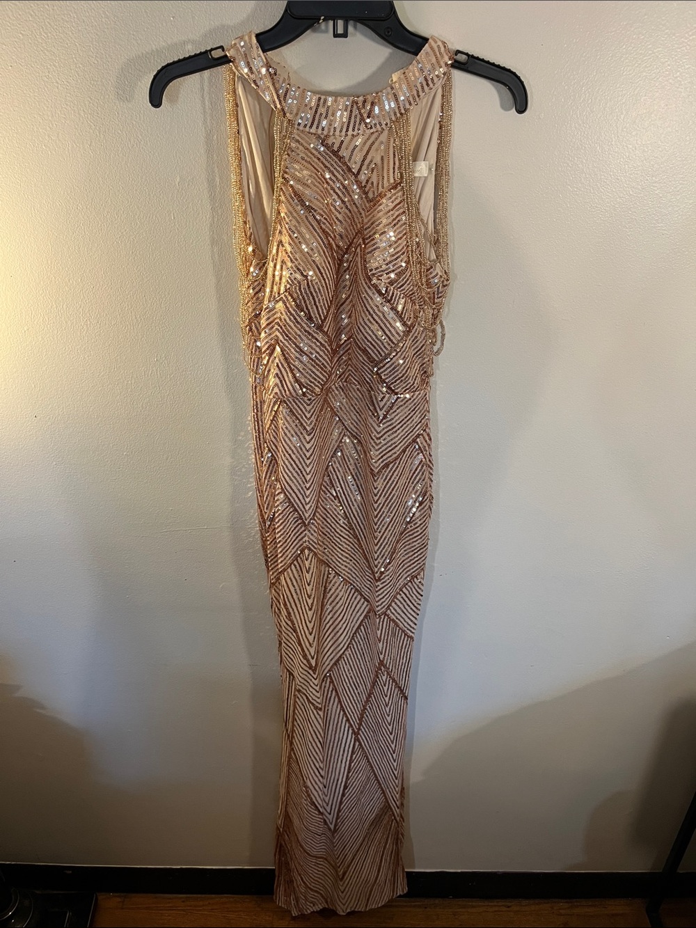 Sleeveless Rose Gold Sequin Maxi Dress with Sheer Yoke